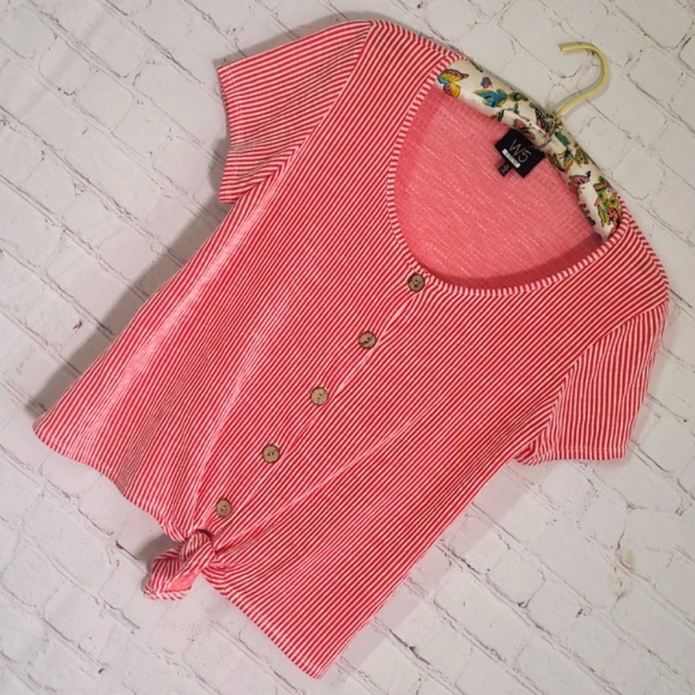 W5 Red & White Stripe Wood Button Front Tie Rockabilly Tee Tshirt Womens Size M - Picture 3 of 16